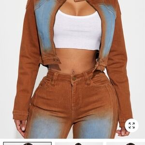 Fashion Nova High Rise Jeans and Denim Jacket Set in Brown and Blue